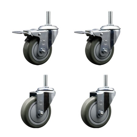 Service Caster 4 Inch Gray Polyurethane Swivel 58 Inch Threaded Stem Caster Set 2 Total Lock Brakes SCC-TSTTL20S414-PPUB-58212-2-S-2